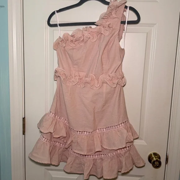 Selfie Leslie Sorority One-Shoulder Ruffle Trim Dress Baby Pink - Picture 2 of 3